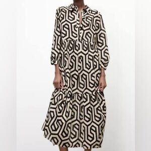 Zara Black and White Geometric Long Sleeve Dress